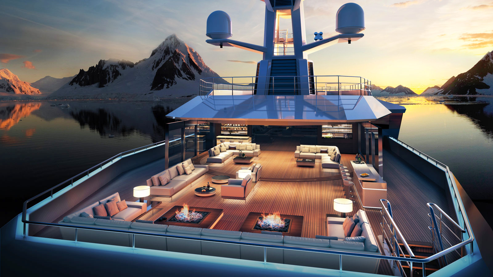 Верхняя палуба суперяхты SeaXplore представляет собой роскошный курорт с удобными шезлонгами, бассейном с подводным освещением и джакузи под открытым небом