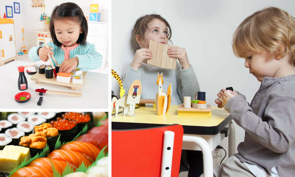 При приготовлении блюд из деревянных суши ребенок может сочетать "ингридиенты", как по цветам, так и по сложности, в зависимости от возраста